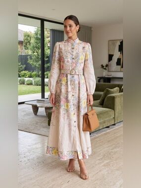 Floral Belted Long-Sleeve Midi Dress - Cream Floral S/M